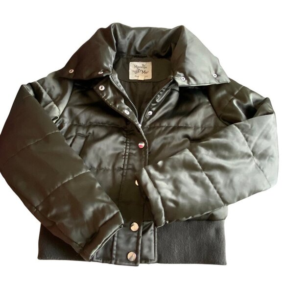 Maralyn & Me Cropped Puffer‎ Bomber Jacket Shiny Olive Sz S Silky Soft Cozy - Picture 2 of 11